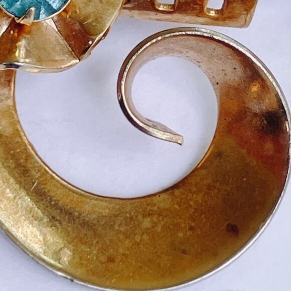 Mid Century Gold Tone Brooch Earrings Set Aqua Glass Rhinestone Floral 1940s - Picture 10 of 12